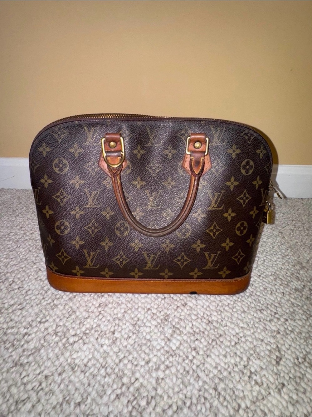 Vintage Louis Vuitton Brown Monogram Canvas Satchel with Tan Trim Alma